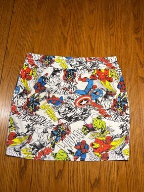 Stretchy Mighty Fine White Mini Skirt with Multicolor Comic Heroes Large